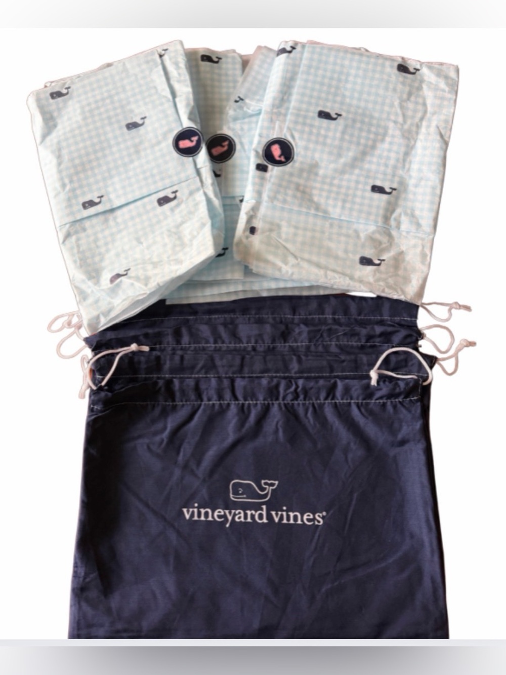 4 Vineyard Vines Whale Drawstring Bag & Gift Tissue Set - Navy & Light Blue